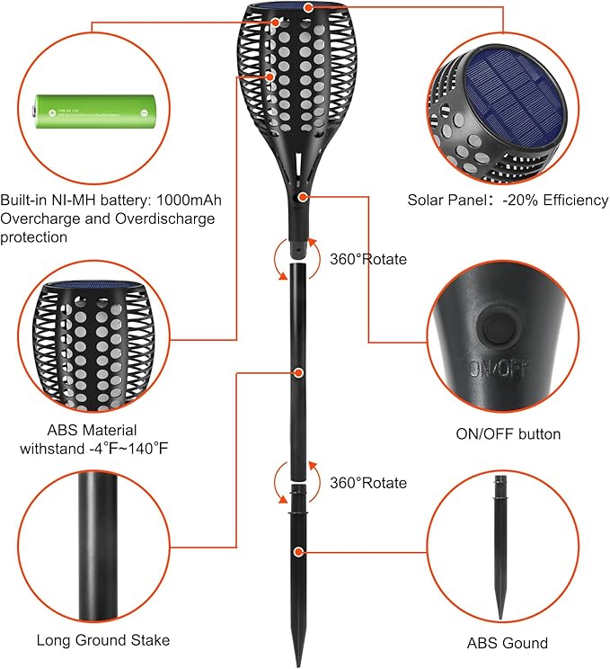 Solar Torch Light 4 Pcs Solar Lights Outdoor 96 LED Upgraded Waterproof Landscape Garden Pathway Light with Vivid Dancing Flickering Flames Auto On/Off Dusk to Dawn for Garden Pathway Yard Decoration