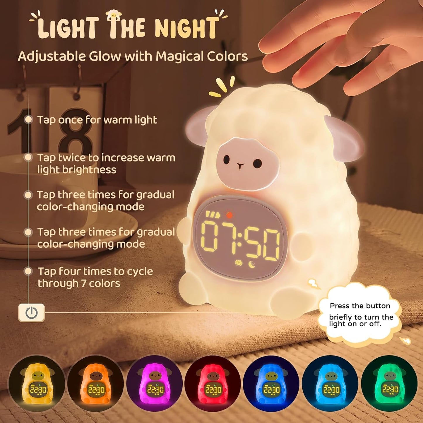 Sheep Alarm Clock with Night Light for Kids with Sleep Training and Sound Machine, Rechargeable Silicone Lamp OK to Wake Clock，Cute Animal Tabletop Lamp, Perfect Sleep Companion for Boys Girls, Pink