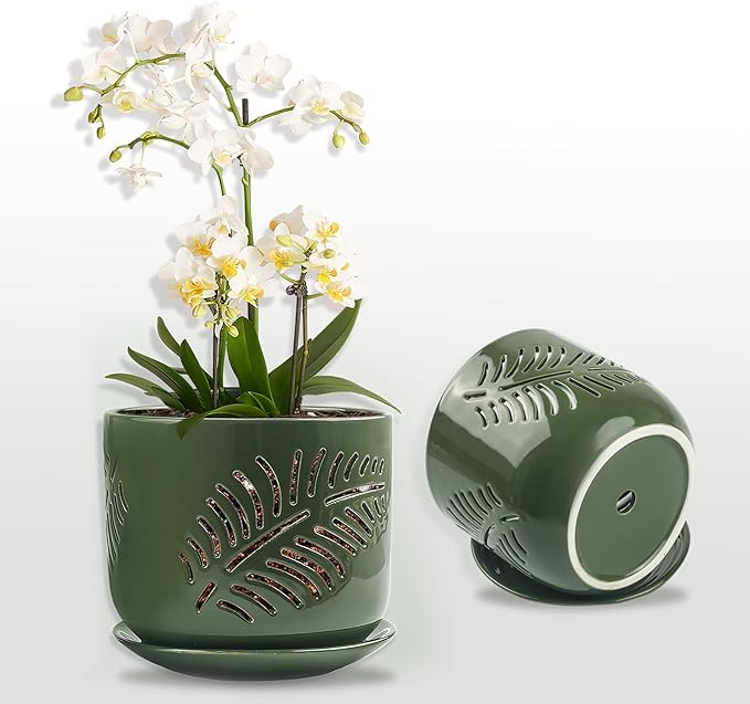 Ceramic Orchid Pots, 6+5 inch Orchid Pots with Holes,Orchid Pots for Repotting,Healthy Air Circulation Plant Pots for Plant Lovers,Planters for Indoor/Outdoor Plants -2 Pack