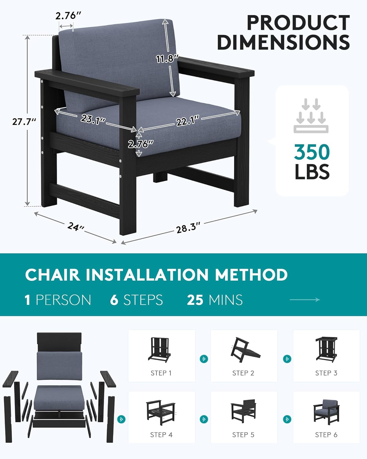SERWALL 2 Pieces Single Cushioned Lounge Chair, Black HDPE Outdoor Adirondack Sofa Armchair with Grey Cushion