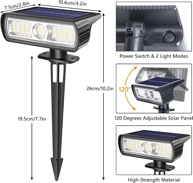 Toodour Solar Spot Light Outdoor, 2 Pack Solar Lights Outdoor with 2 Modes, Waterproof Solar Powered Flood Lights Landscape Lighting for Yard Garden Home Pathway Walkway Outdoor Decor - Cool White