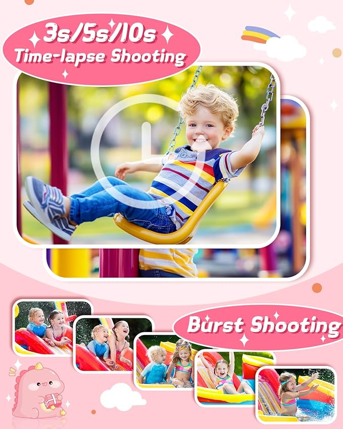 Kids Camera Instant Print, Dinosaur Instant Print Camera for Kids with 1080P Video, 32GB SD Card, 240 Photos, Christmas Birthday Gifts for Boys Girls Ages 3-12 (Pink)