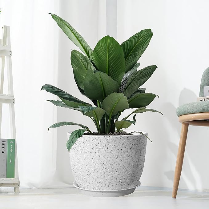 12inch Large Plant Pot, Modern Plastic Planter with High Driange Holes and Saucer for Indoor Outdoor Garden Plants and Flowers, White Speckles