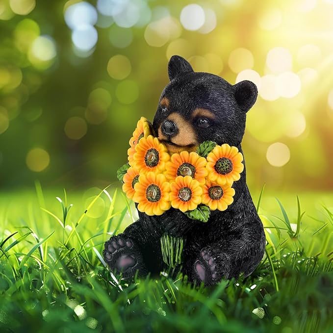 ILLUMINEW Solar Garden Lights Outdoor Statues Black Bear with Sunflowers, Sculpture Decor Mother Gifts for Women, Men or Daughter, Unique Garden Statues for Housewarming Gifts