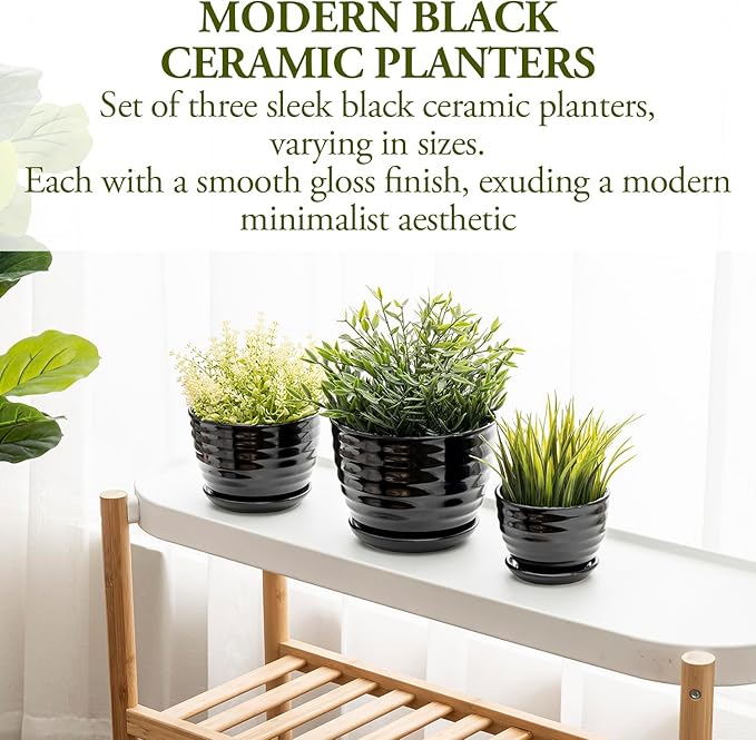 MyGift Modern Ribbed Black Ceramic Small Planters for Houseplant Flower Succulent Herb, Indoor Home Garden Plant Pot with Drainage Hole and Attached Saucer, Set of 3