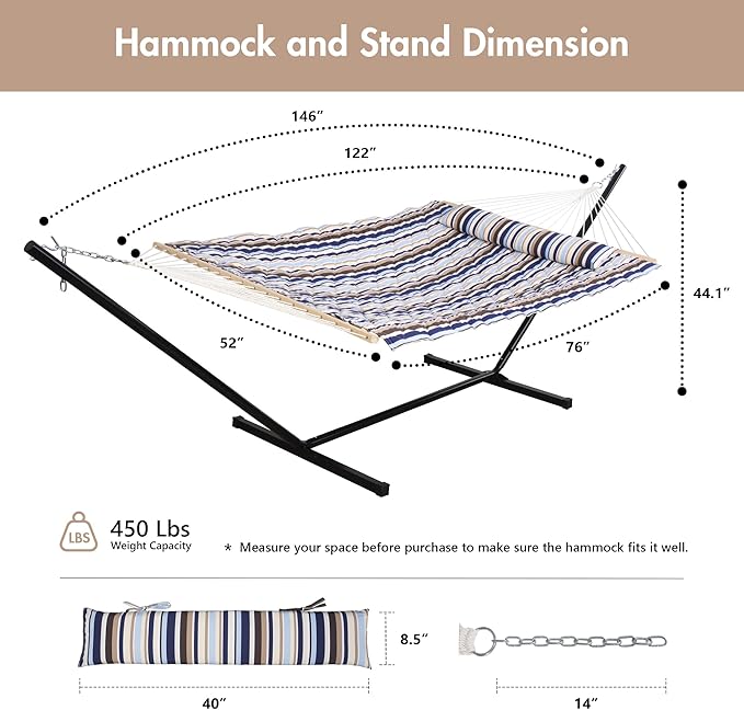 ANOW Outdoor Double Hammock with Stand, Portable Hammock with Detachable Pillow and Pad for Garden Yard Outside, 450 LBS Weight Capacity, Blue Seaside
