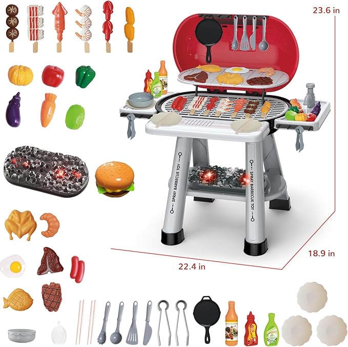 Kids BBQ Grill Playset - 69PCS Kitchen Playset with Smoke, Light, Sound - 2-Layer Toy Grill Barbecue Cooking Set - Pretend Play Food Hamburger, Interactive Toy for Kids 4-8 Boys Girls