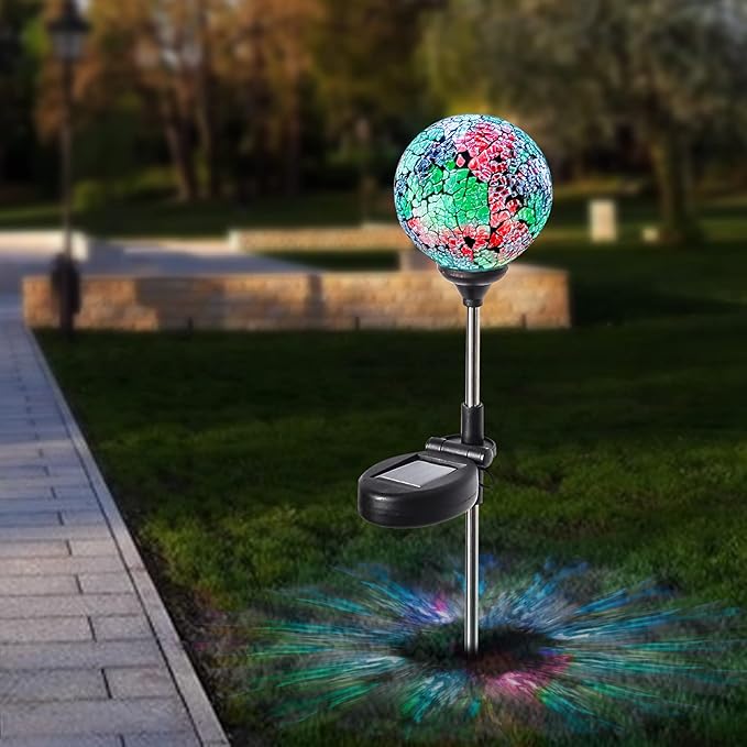 WNP Solar Powered Lights Outdoor Decorative Waterproof Mosaic Solar Garden Stakes Multi Color Crackle Glow Glass Ball Lights for Patio Pathway Yard