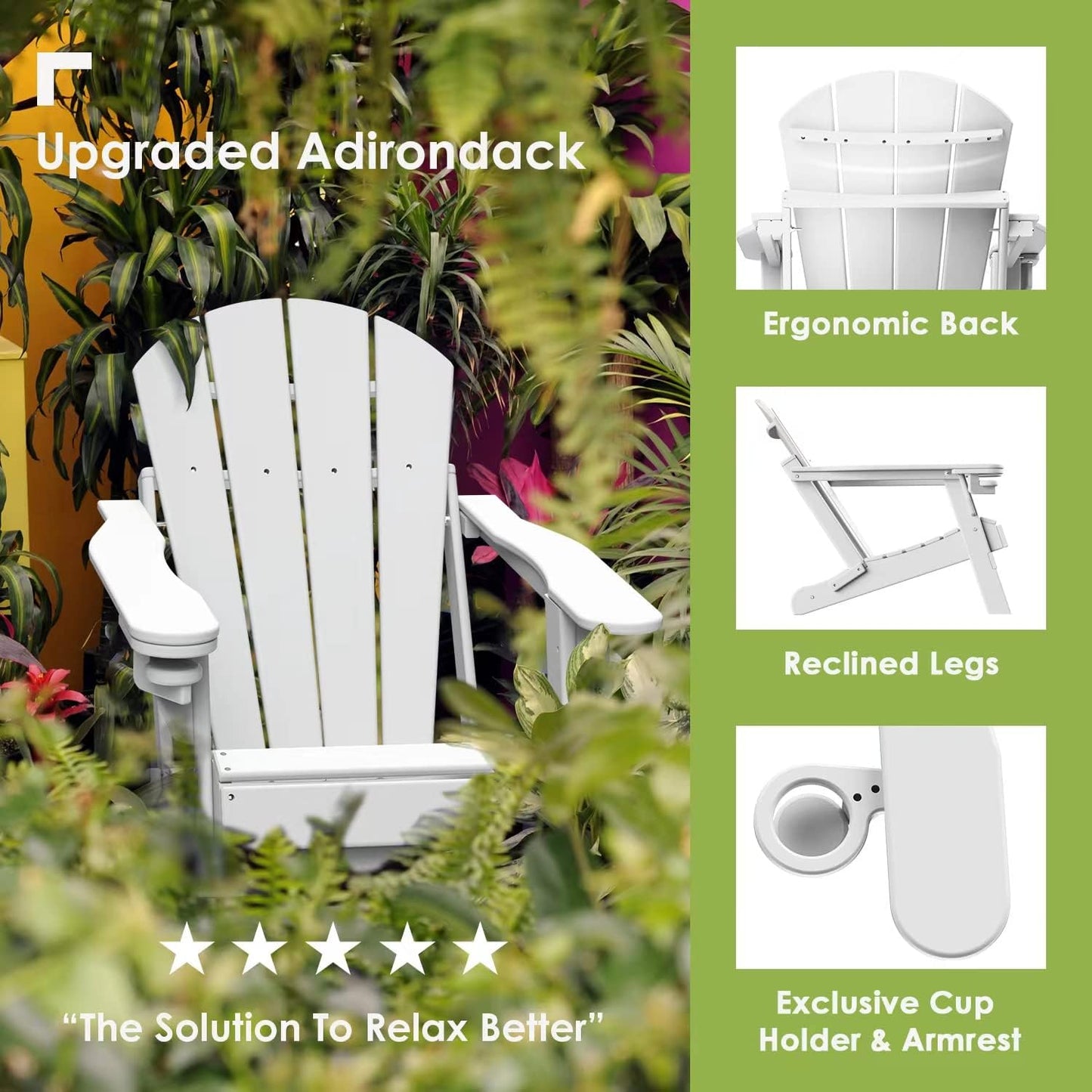 GREENVINES Folding-Adirondack-Chairs-Set-of-4 | HDPE Plastic | Fire Pit Chair | All Weather | Cup Holder | White | for Deck Backyard Patio Outdoor Garden