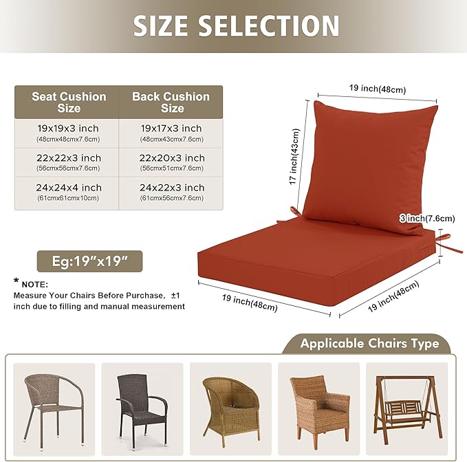 24x24 Inch Outdoor Cushions for Patio Furniture, Waterproof Outdoor Chair Cushions w/Fade-Resistant, Removable & Machine-Washable Covers, Deep Seat Sofa/Couch Pad Replacement – Set of 4, Rust