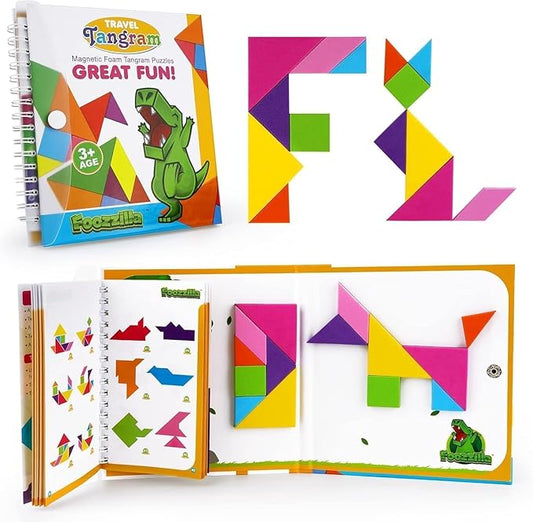 FOOZZILLA Magnetic Tangram Puzzle Set - 2 Sets of Magnetic Pattern Blocks for Road Trip Games and Educational Jigsaw Challenges - Brain-Teasing Fun for Kids and Adults with 368 Solutions