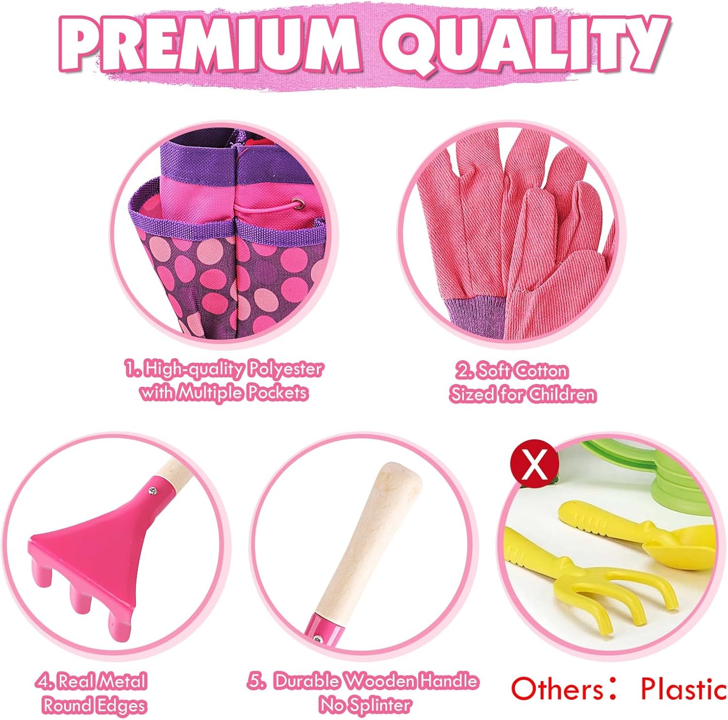 Kids Gardening Tools Set, Toddler Play Kit Child Outdoor Toy with Gloves, Watering Can, Metal Shovel, Rake, Spade & Storage Bag, Backyard Sand Digging Birthday for Boys Girls 3-5 (Pink)