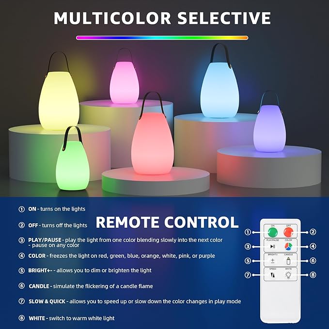 uuffoo Portable Outdoor Table Lamp, Dimmable Cordless Lamp with Remote and 7 RGB Colors IP44 Waterproof Hanging Lamp Indoor/Outdoor Night Lamp Lantern for Bedroom Garden Dining Camping