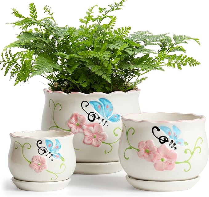 Ceramic Plant Pots with Drainage Holes and Saucers, Round Flower Pots for Indoor Plant, 3.9/5.2/6.7 Inches Flower Large Planters Set of 3