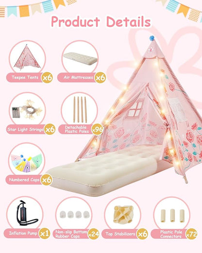 6 Pack Teepee Tent for Kids with Inflatable Airbed, Light, Toddler Tent Children Room Tents, Slumber Party Sleepover Tents, Indoor Outdoor Kids Playtent Playhouse for Girls & Boys