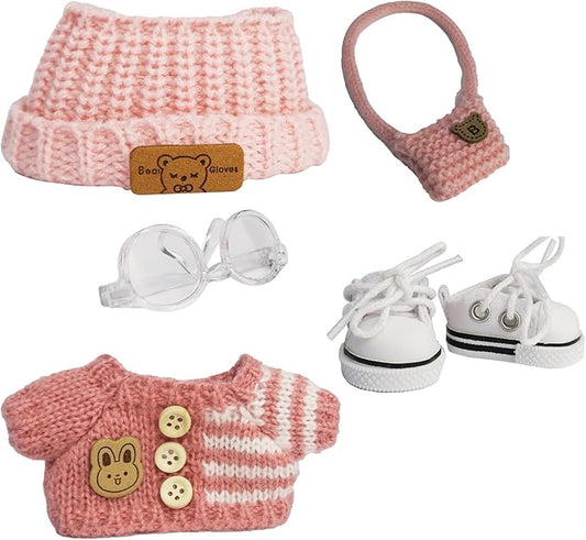 Cloth for 15cm ＆ 17cm Doll,5-Piece Handcrafted Crochet Outfit(NO Doll) - Pink Clothes + Bear- Velvet hat + Glasses + Shoulder Bag + White Shoes (Light Pink Clothes)