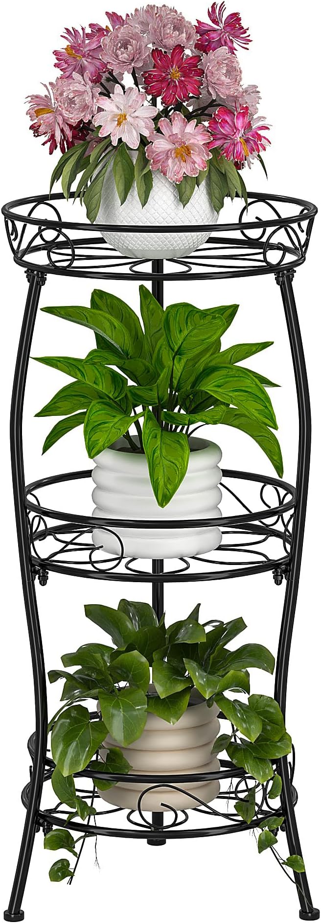 VECELO 3 Tier Metal Outdoor Plant Stand Indoor, Rustproof Stable 33.8” Tall Iron Flower Stand, Decorative Multiple Heavy Duty Plant Holder for Corner, Patio, Balcony Garden, Black
