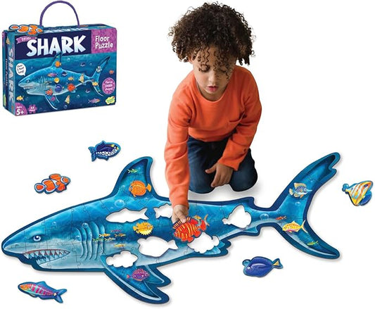 Peaceable Kingdom Shiny Shark Floor Puzzle – 53-Piece Giant Floor Puzzle for Kids Ages 5 & up – Fun-Shaped Puzzle Pieces – Great for Classrooms