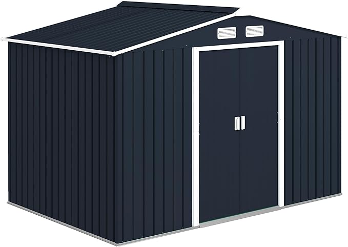 Outsunny 9' x 6' Outdoor Storage Shed, Garden Tool Metal Shed with Foundation Kit, Double Lockable Door, Air Vents and Sloping Roof, for Backyard, Patio, Lawn, Dark Gray
