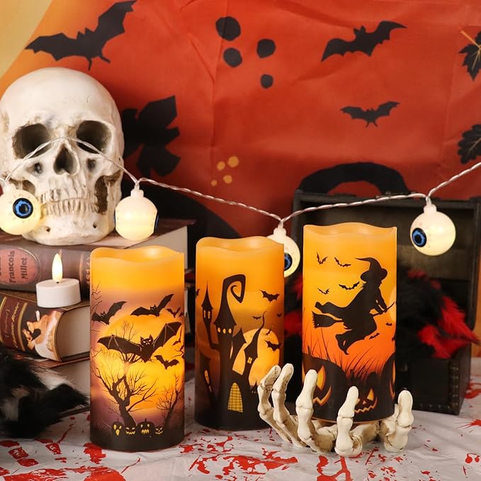 Halloween Real Wax LED Flameless Flickering Candles with 6H Timer, 3 Pcs Pillar Battery Operated Candle Sticks with Halloween Decal for Home Decor(3”x6”)