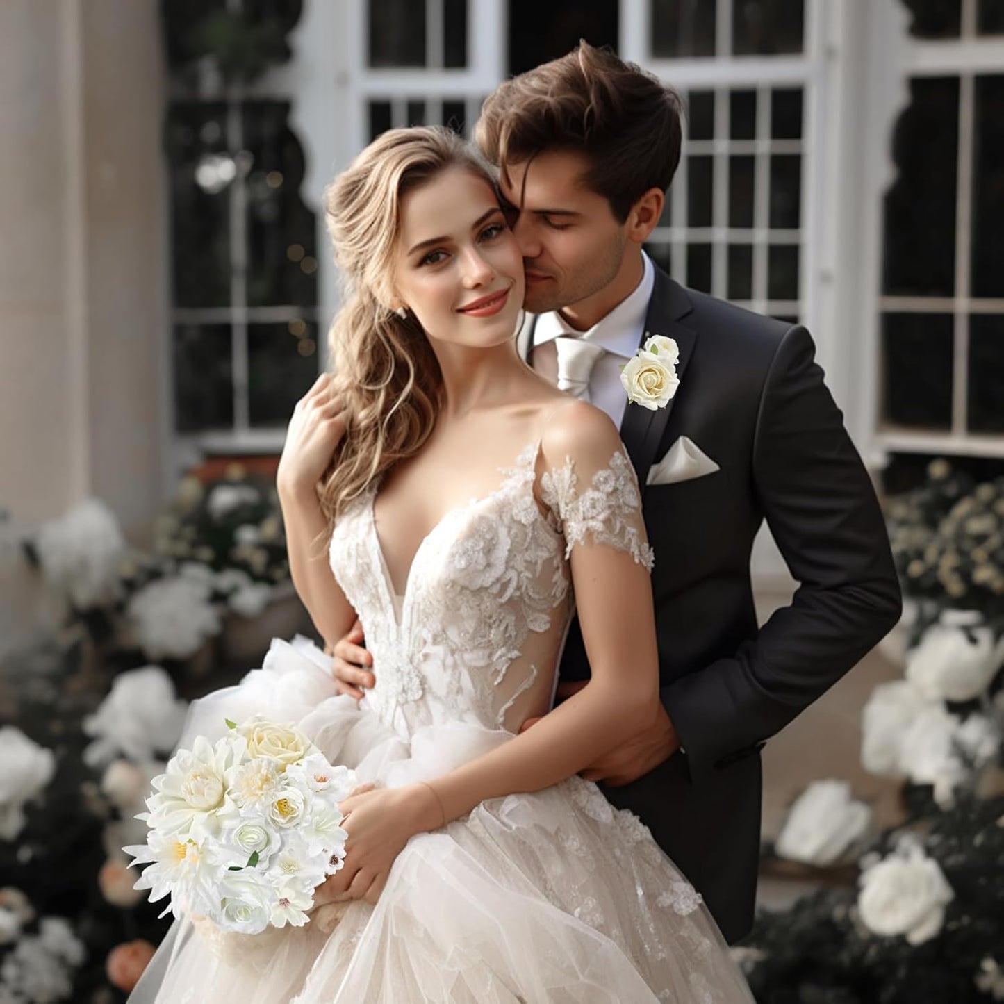 YYHUAWU Fake Flower Heads Mini White Artificial Flower Faux Dahlia Rose Flowers Multicolor Silk Daisy Flower Heads for Craft Garland Wedding Bridal Baby Shower Home Party Decoration DIY Cake Decor