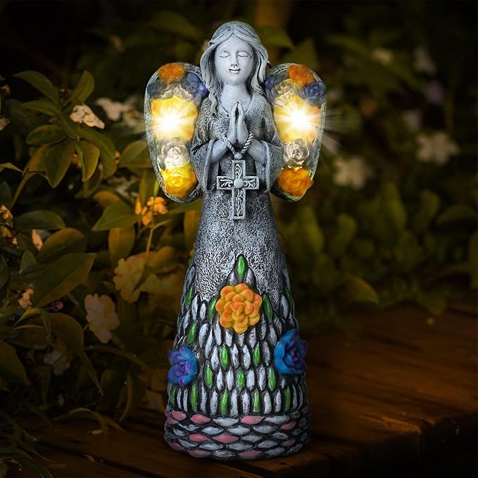 Yiosax-Garden Angels Outdoor Statue-Solar Lights Decor - Solar Angels for Cemetery Grave Cross Praying Succulent Wings Remembrance Angel Figurine Lawn Yard Decorations, White, Yiosax-Angel04