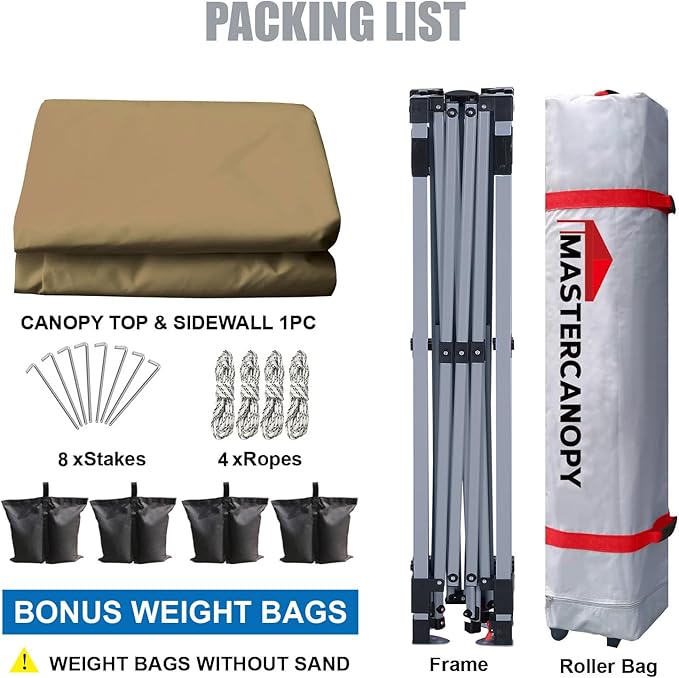 MASTERCANOPY Durable Pop-up Canopy Tent with 1 Sidewall (6.6'x6.6',Khaki)
