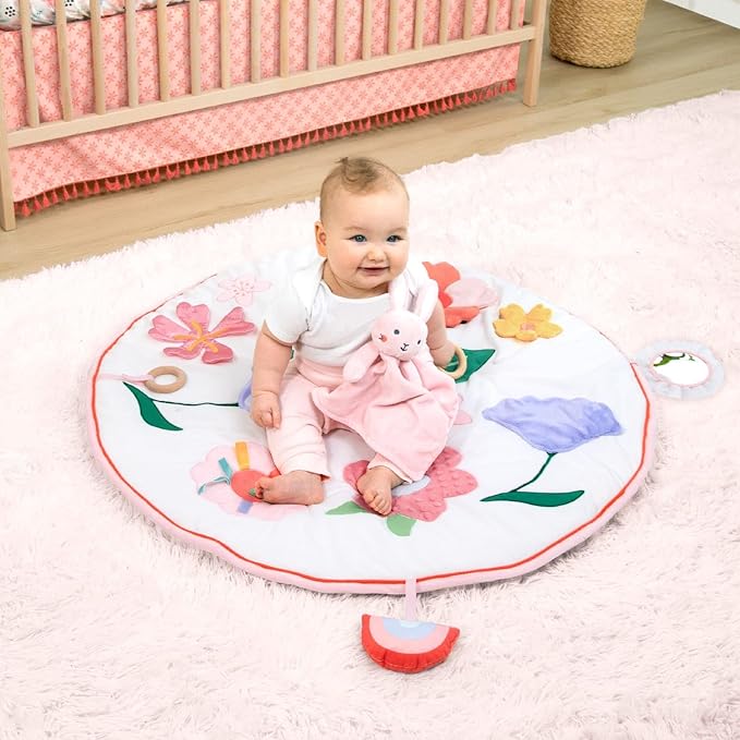 The Peanutshell Tummy Time Mat Girl and Bunny Baby Lovey- Baby Floor Play Mats - Newborn, Infant - Padded Activity Playmat for Babies, Tummy Time Pillow - Pink Floral Nursery Decor Rug