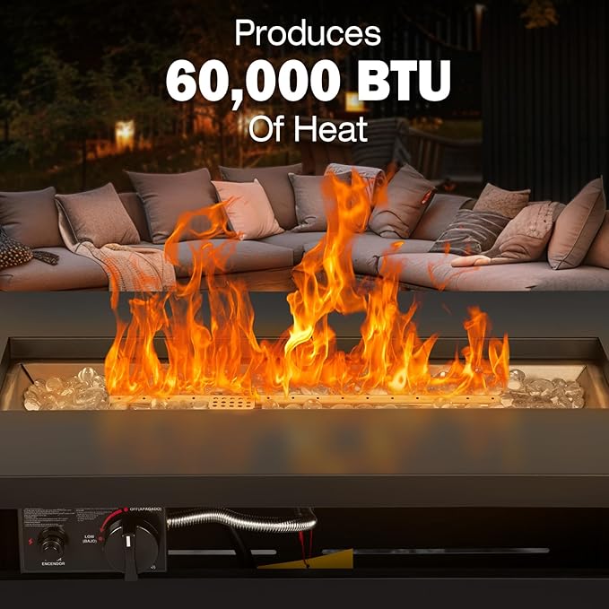 Hykolity 42 Inch Gas Fire Pit Table, 60,000 BTU Propane Pits for Outside with Steel Lid and Waterproof Cover, 2 in 1 Firepit Table Gatherings Parties on Patio Deck Garden Backyard, Black