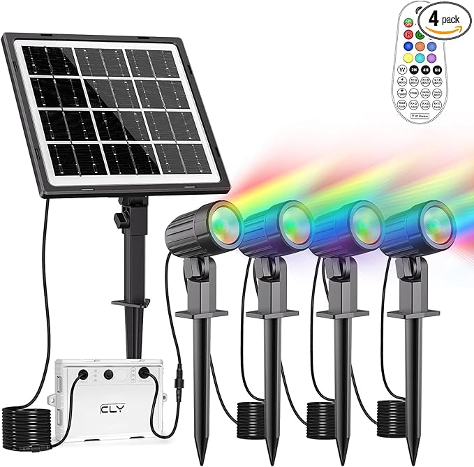 CLY 4-in-1 Solar Spot Lights Outdoor Color Changing, Solar Landscape Spotlights RGB Lighting IP66 Waterproof 45.93ft Cable Auto ON/Off Adjustable Garden Spotlight for Yard, Garden, Pool, Lawn, Statue