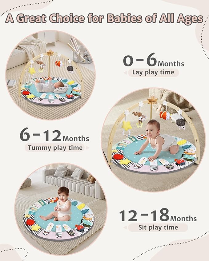 Baby Play Gym,6 Developmental Zones Tummy Time Mat, Wooden Baby Play Gym Mat with 7 Detachable Sensory Toys for Newborn Brain Development, Essential Baby Shower Set, Green