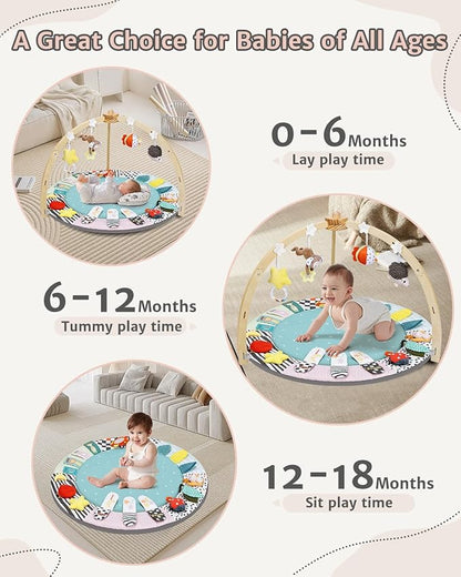 Baby Play Gym,6 Developmental Zones Tummy Time Mat, Wooden Baby Play Gym Mat with 7 Detachable Sensory Toys for Newborn Brain Development, Essential Baby Shower Set, Green