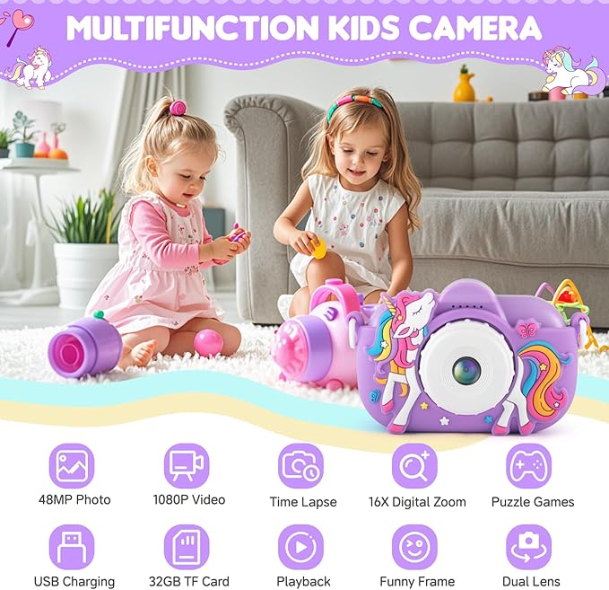 Kids Camera Toddler Toys for 3 4 5 6 7 8 Years Old Girls, 48MP HD Dual Lens Selfie Camera for Kids, 1080P HD Video Kids Digital Camera for Age 3-9 Christmas Birthday Gifts with 32G SD Card