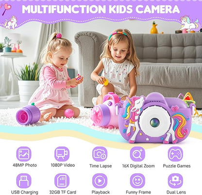 Kids Camera Toddler Toys for 3 4 5 6 7 8 Years Old Girls, 48MP HD Dual Lens Selfie Camera for Kids, 1080P HD Video Kids Digital Camera for Age 3-9 Christmas Birthday Gifts with 32G SD Card