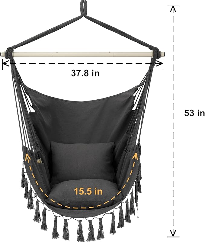 Y- STOP Hammock Chair Hanging Rope Swing, Max 500 Lbs, 2 Cushions Included, Large Macrame Hanging Chair with Pocket, Cotton Weave for Superior Comfort, Durability (Dark Grey)