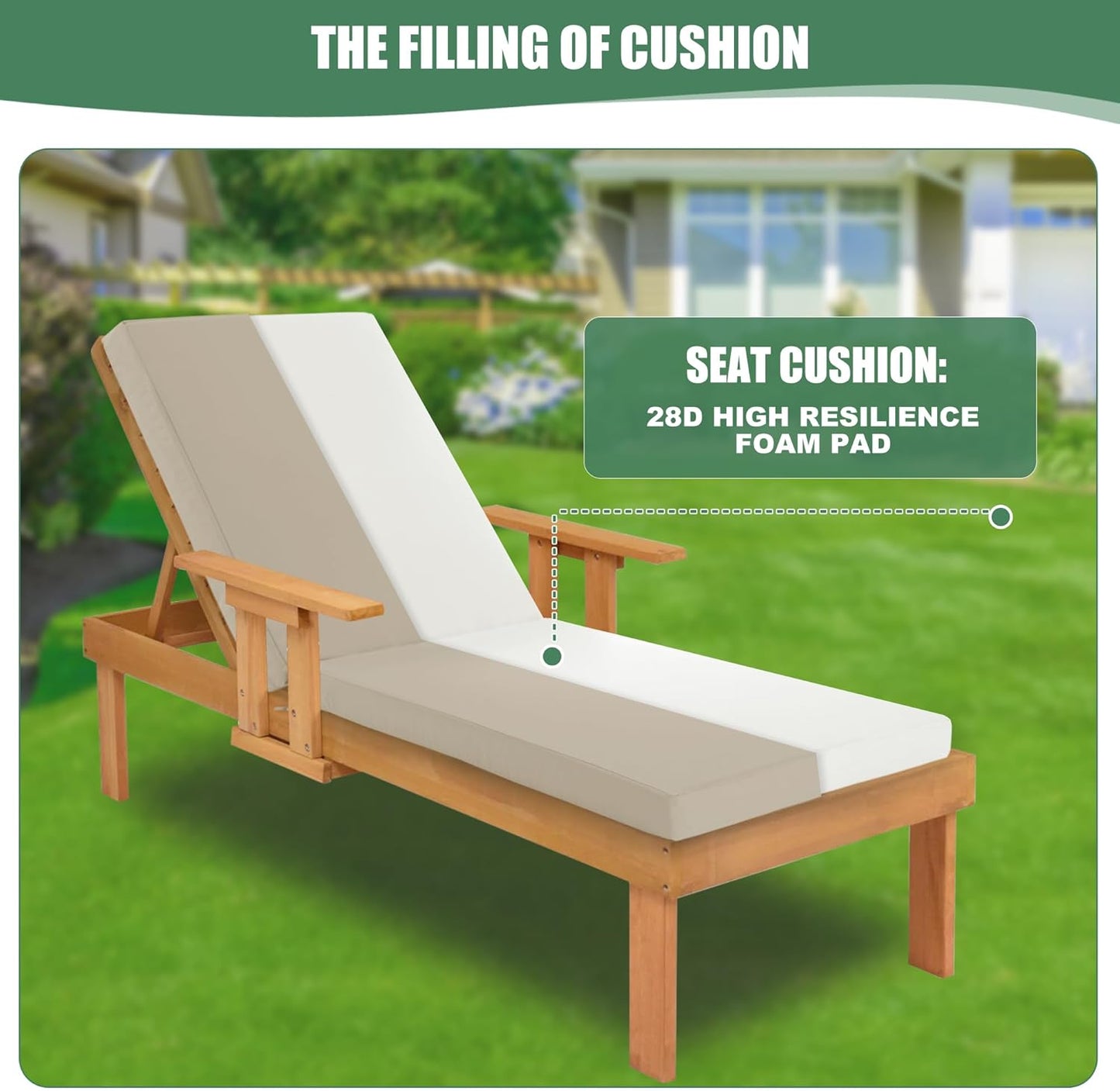 Chaise Lounge Cushions Outdoor Set of 4 - Waterproof and Fade Resistant Sun Lounger Replacement Cushion - Patio Lounger Pads with Removable Cover for Pool, Deck, Lawn, 80 x 26 x 3 Inch, Cream