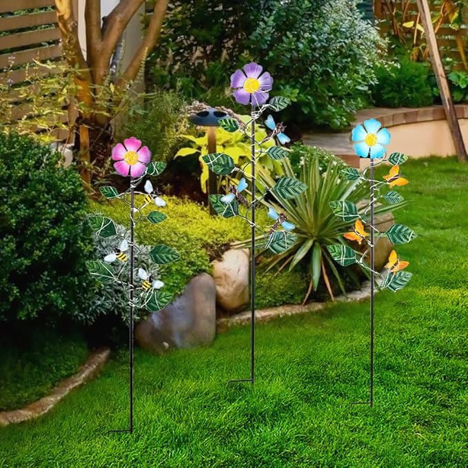 Set of 3 Solar Garden Lights,23'' H Flowers＆Insect Decorative Garden Stakes,Waterproof Metal Spring Yard Art Decor,Solar Stake Lights for Outside,Lawn,Yard,Patio