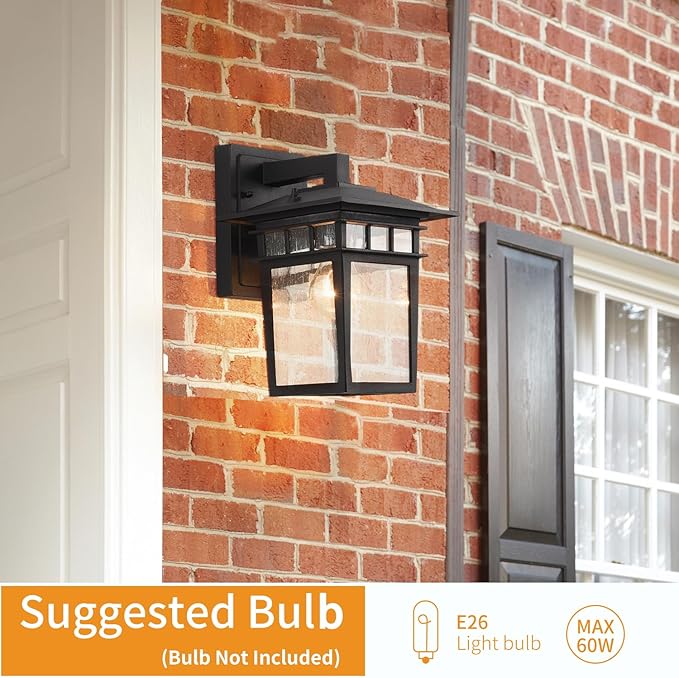 Outdoor Wall Lantern, Exterior Lighting Fixtures Wall Mount, 2 Pack Black Outdoor Sconce with Seeded Glass, Exterior Porch/Patio Lights for House Front Door Garage