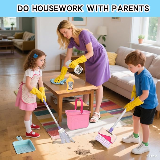 Kids Cleaning Toy Set - Pretend Play Cleaning Tools with Mop, Broom, Bucket & Spray Bottle - STEM House Role Play Toys for Girls & Boys 3-5 Years