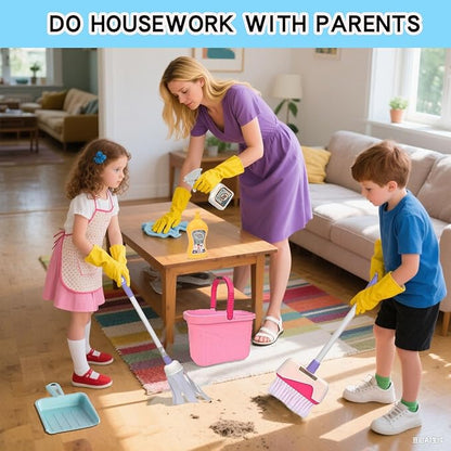 Kids Cleaning Toy Set - Pretend Play Cleaning Tools with Mop, Broom, Bucket & Spray Bottle - STEM House Role Play Toys for Girls & Boys 3-5 Years