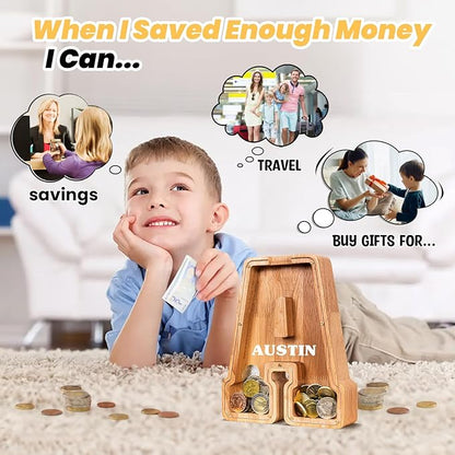 KMC Wooden Letter Piggy Bank, Personalized Initial Piggy Bank for Kids Boys, Clear Alphabet A Wood Money Box, Unbreakable Coin Saving Jar, Birthday, for Children