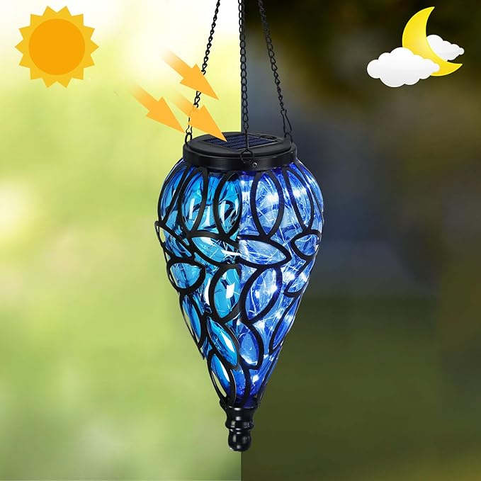 Outdoor Plastic Solar Hanging Lantern, 15 Cool White LEDs Twinkle Effect Tear-Shaped Hanging Lantern Decor Garden Decorative Solar Lights for Backyard, Patio and Lawn