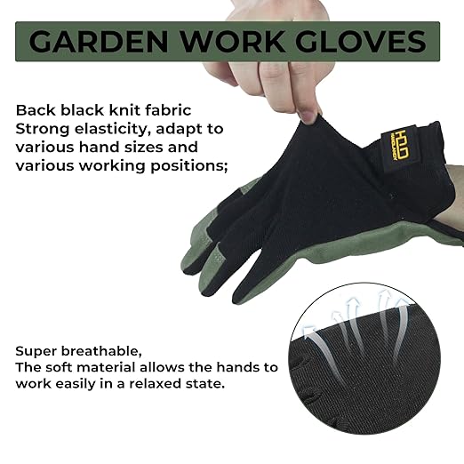 HLDD HANDLANDY Leather Gardening Gloves for Men, Utility Work Gloves for Gardening, Yardwork, Construction, Mechanics with Reinforced Palm, Green M