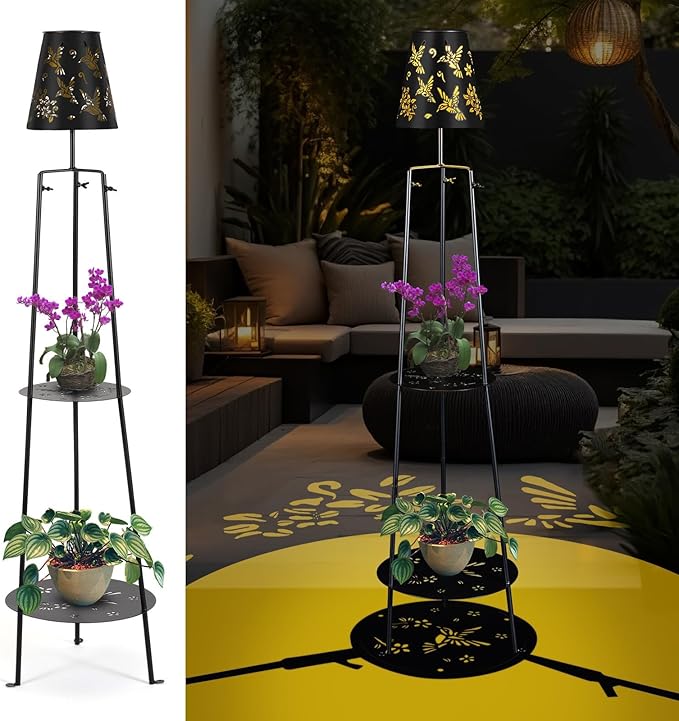 47.2'' Outdoor Metal Solar Floor Lamps with 2 Plant Stand Hummingbird Solar Lights Waterproof Solar Powered Street Lights Garden Decorative Lantern for Yard Pathway Deck Patio Porch Driveway Decor