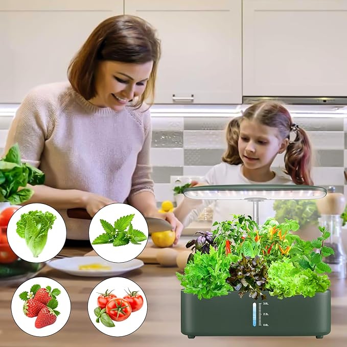 Hydroponics Growing System Kit 12Pods, Birthday Gifts for Mom Women, Herb Garden Indoor with LED Grow Light for Home, Adjustable Height Up to 17", 12Pods,Auto-Timer (Dark Green)