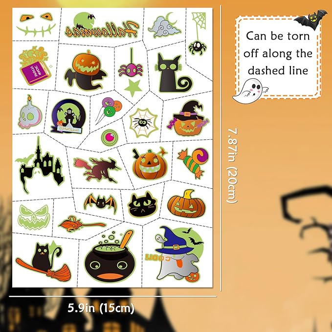 124 Pcs Halloween Temporary Tattoos Glow In Dark For Kids, Waterproof Glowing Luminous Fake Tattoo Stickers for Halloween Party, Jack-O-Lantern, Witch, Ghost Realistic Tattoo Sticker For Boy And Girls