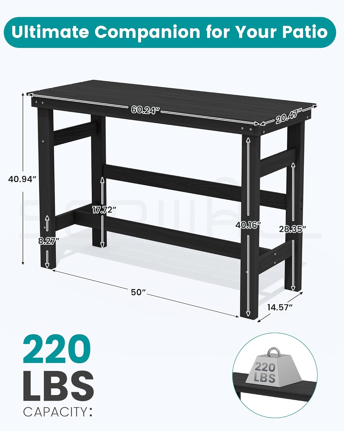 SERWALL 41" Outdoor Bar Table, All Weather HDPE Patio Bar Counter Height Table, Rectangle Patio Bar Table for Outside, Garden, Backyard, Balcony, Poolside, Black