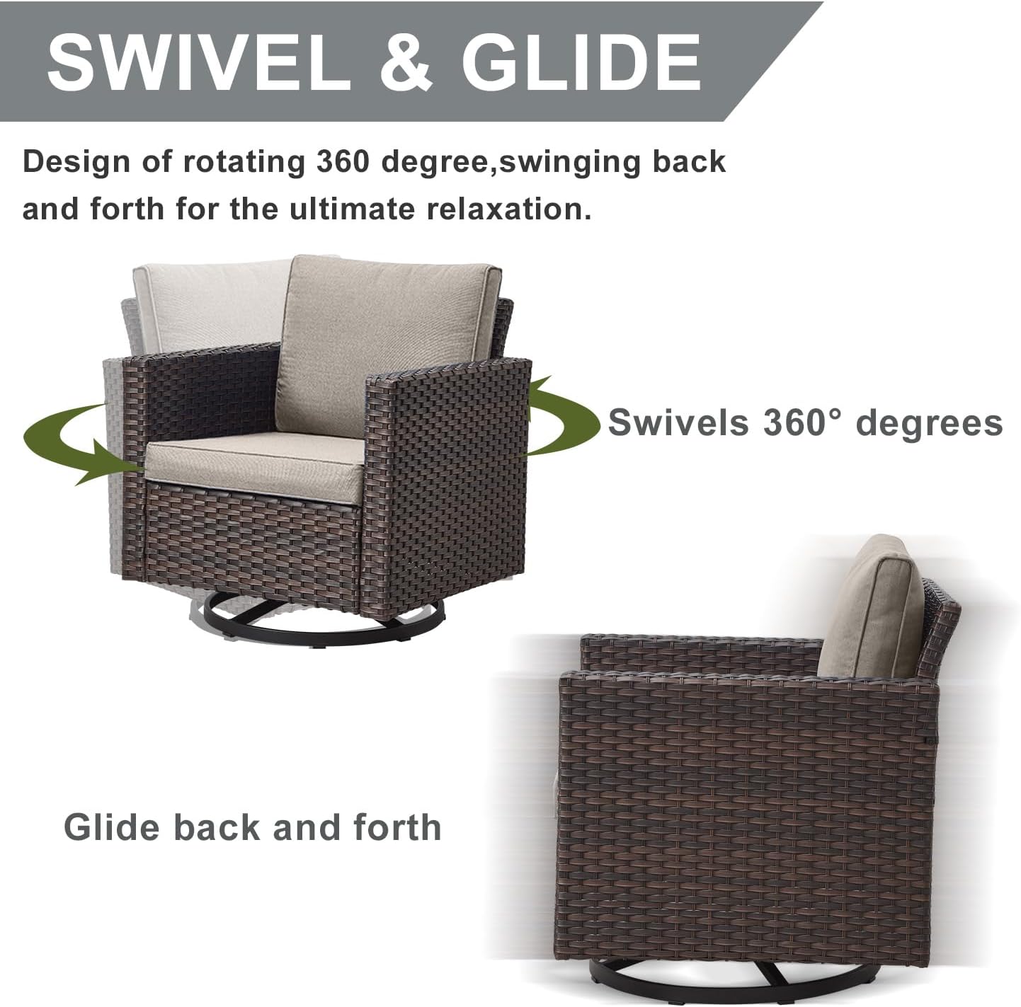 HUMMUH 5 Piece Patio Furniture Set All-Weather PE Wicker Outdoor Swivel Rocker Chairs Set of 2 with Ottomans Side Table for Patio,Porch,Garden,Backyard