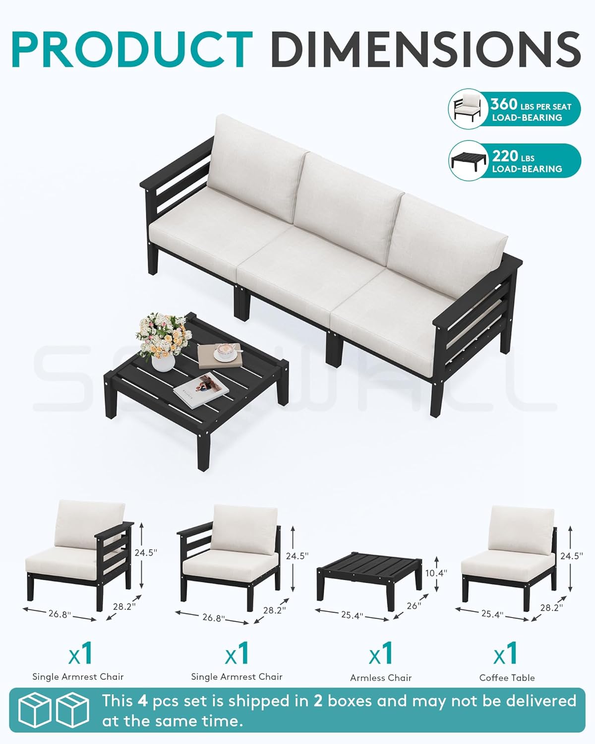 SERWALL HDPE Patio Furniture Set, 4 Pieces Outdoor Sectional Sofa Set, All-Weather Wood-Like Outdoor Sofa Couch with Coffee Table for Deck, Lawn, Black Frame with Khaki Cushion