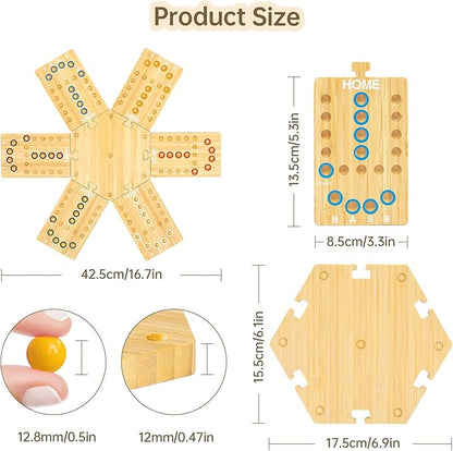 Wooden Marble Board Game for 2-6 Players, Portable Fast Track Board Game with 24 Marbles and 6 Dice for Family Friends, Party Game Night